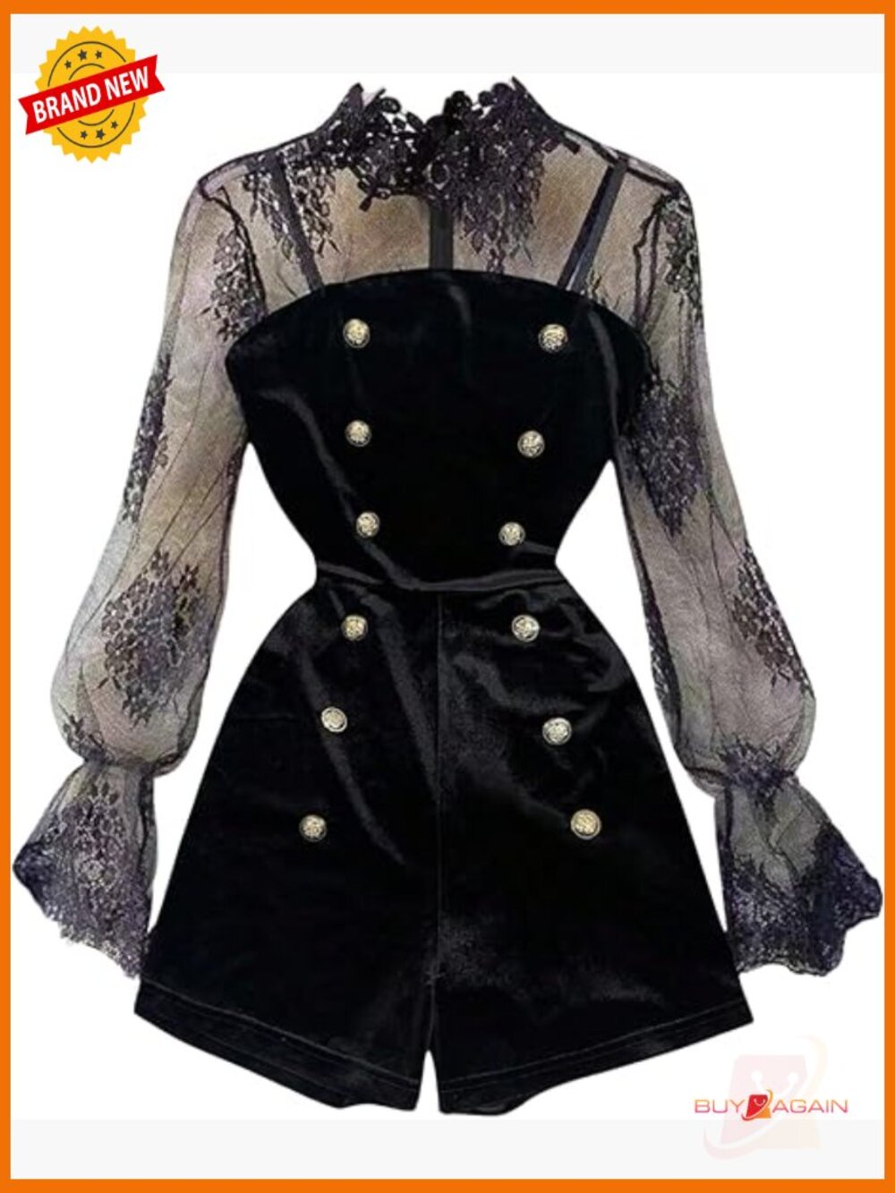 Lace Mesh Long Flounce Sleeve Velvet Shorts Jumpsuit Romper